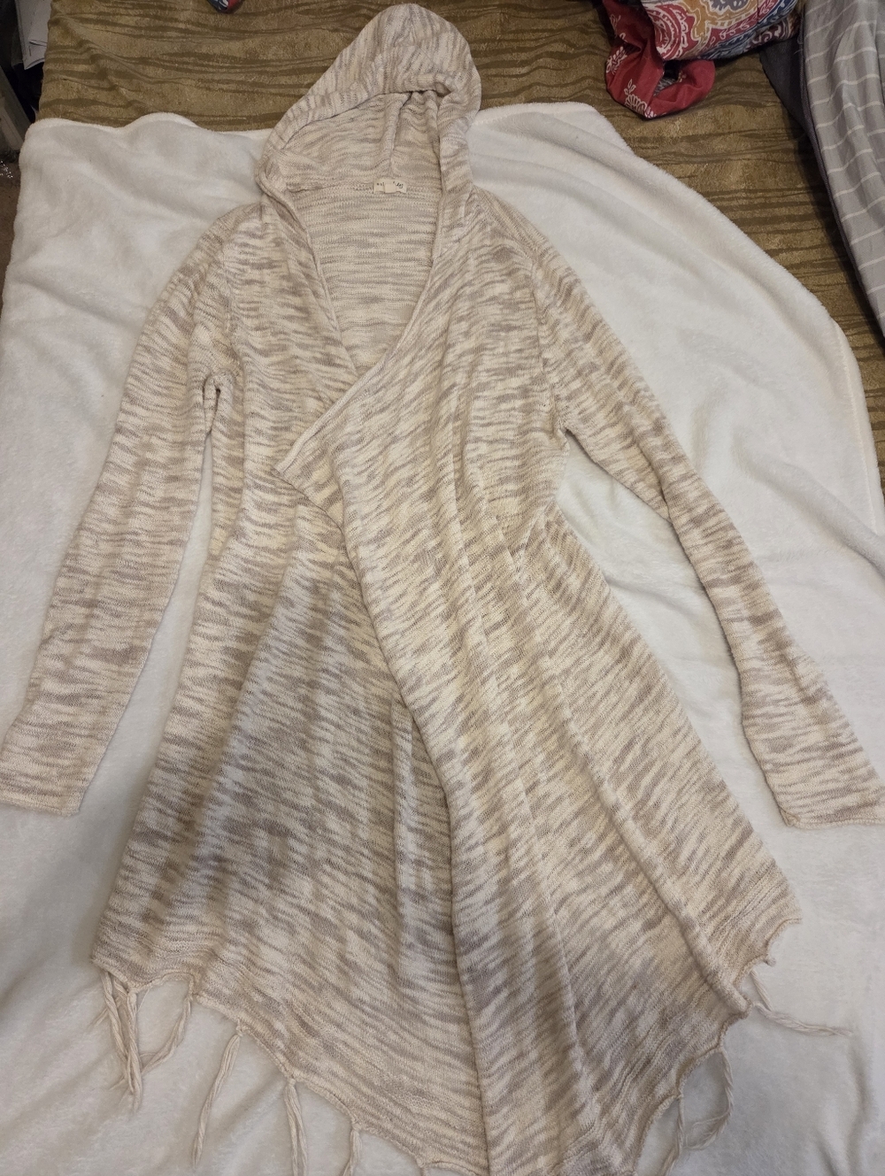 Maison Jules Hooded Open-Front Fringe Cardigan - Cream Marled